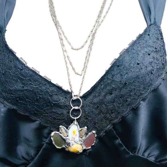 Citrine Sea Glass & Broken China Artisan Pendant Vintage Triple Chain Necklace - Picture 16 of 16